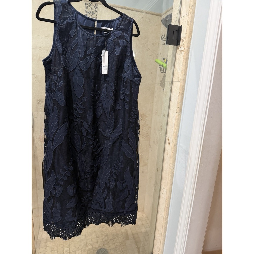 Chicos Travelers Blue Lace Fringe Floral Applique Shift Midi Dress 2 L 570386724
